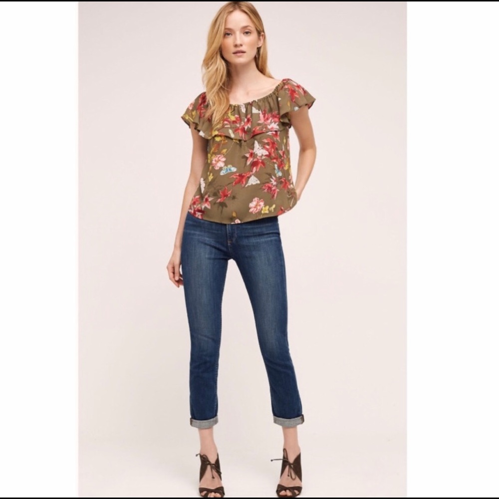 Maeve Top Olive Off Shoulder Floral Anthro M
